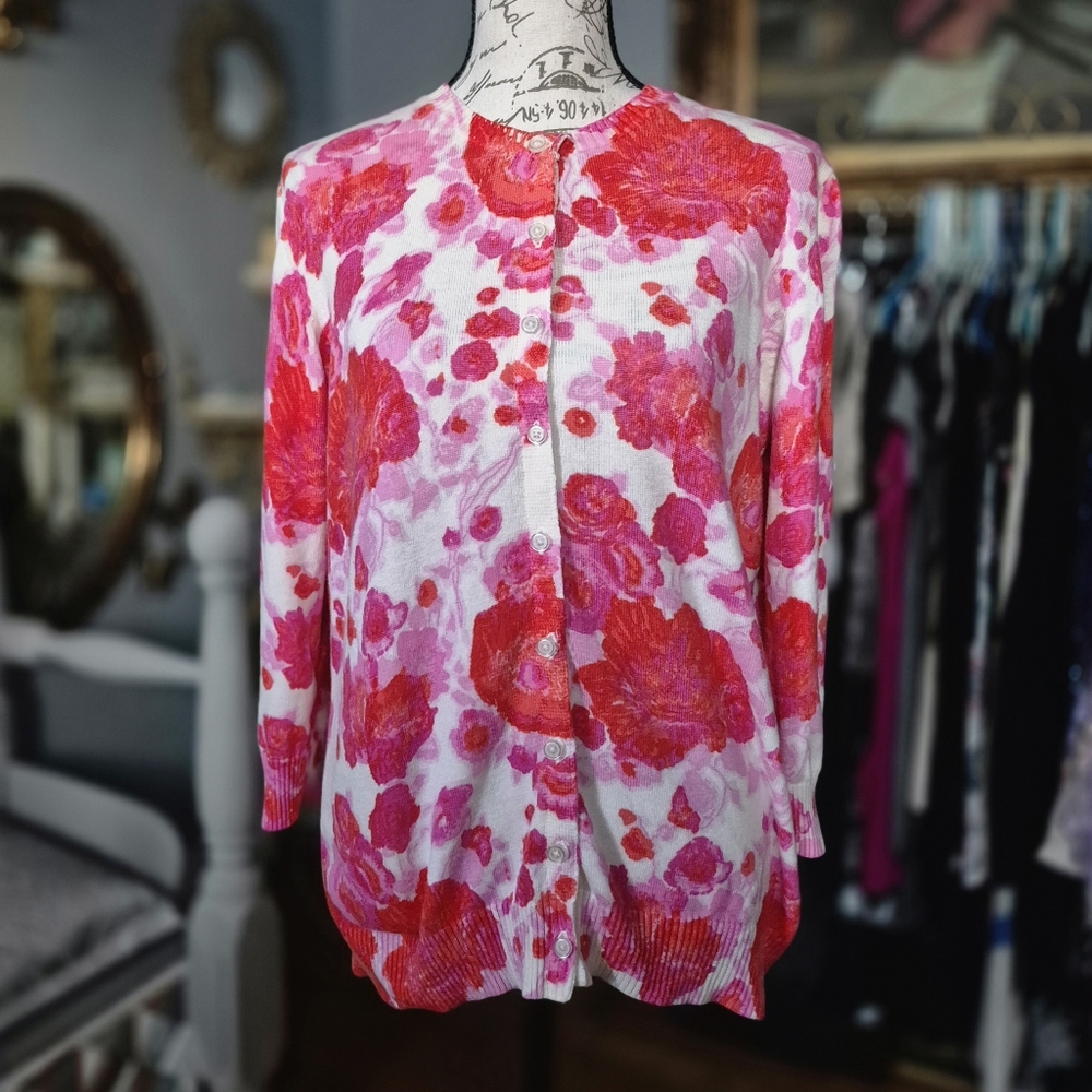 Isaac Mizrahi Live! Floral Print Button-Front Cardigan Small